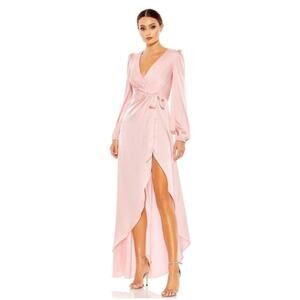 Ieena for Mac Duggal Pink Satin Wrap Maxi Dress NWT Size 6 Long Sleeve Formal